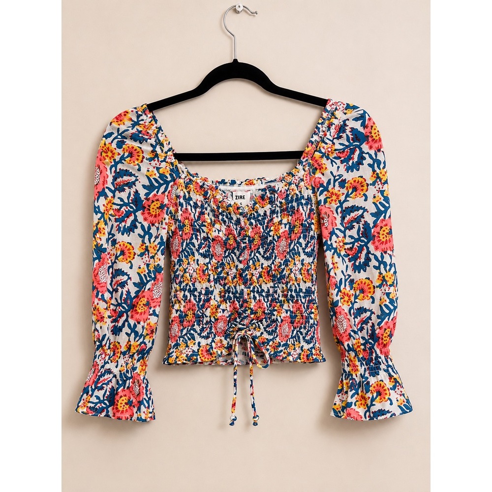 Dizzire Floral Smocked Top XS Cottagecore Peasant Blouse Summer Boho Crop Top